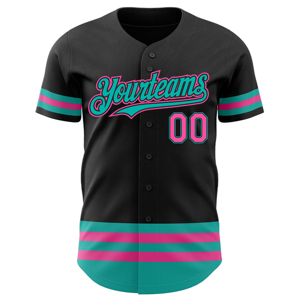 Custom Black Pink-Aqua Stripes Authentic Baseball Jersey