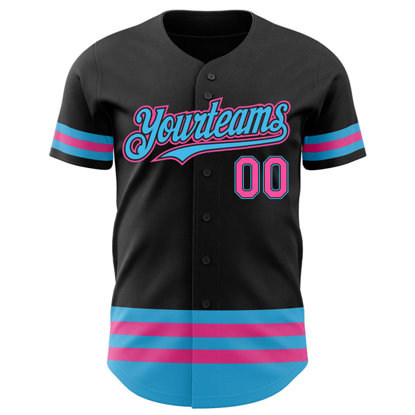 Custom Black Pink-Sky Blue Stripes Authentic Baseball Jersey
