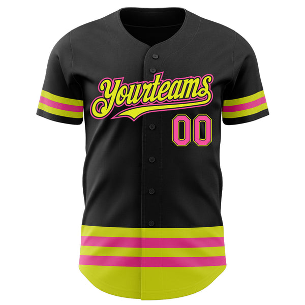 Custom Black Pink-Neon Yellow Stripes Authentic Baseball Jersey