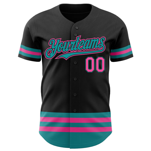 Custom Black Pink-Teal Stripes Authentic Baseball Jersey
