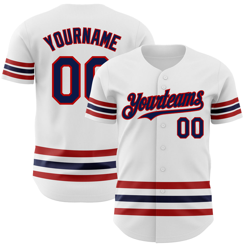 Custom White Navy-Red Line Authentic Baseball Jersey