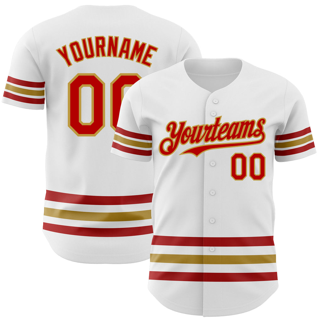 Custom White Red-Old Gold Line Authentic Baseball Jersey