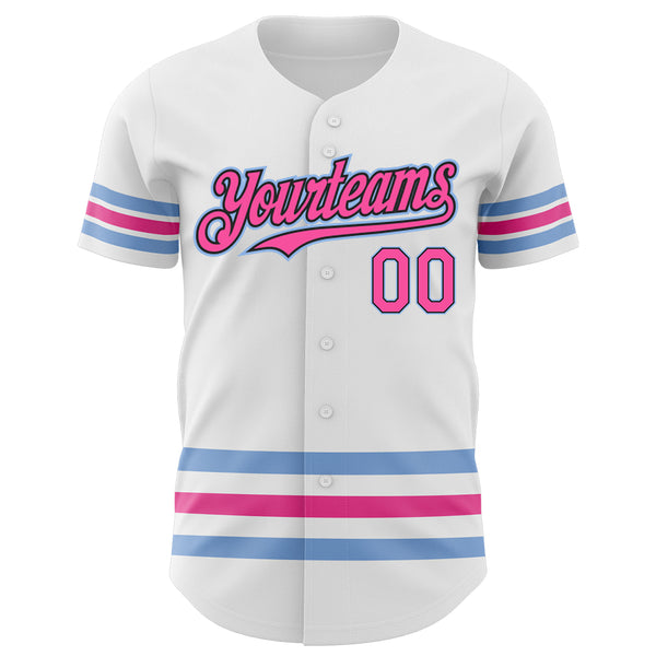Custom White Pink Black-Light Blue Stripes Authentic Baseball Jersey