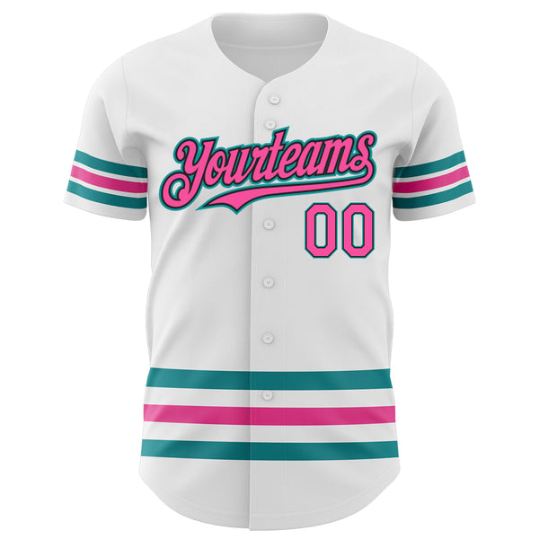 Custom White Pink Black-Teal Stripes Authentic Baseball Jersey