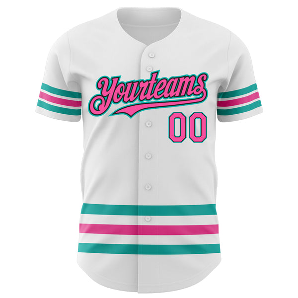 Custom White Pink Black-Aqua Stripes Authentic Baseball Jersey