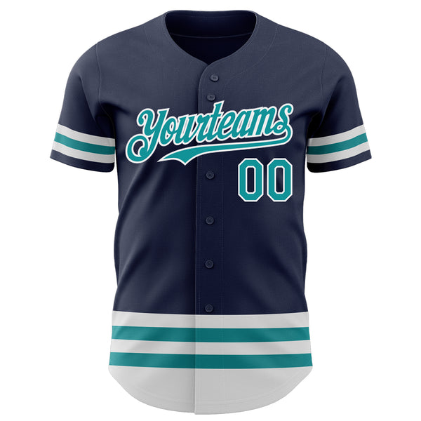 Custom Navy Teal-White Line Authentic Baseball Jersey