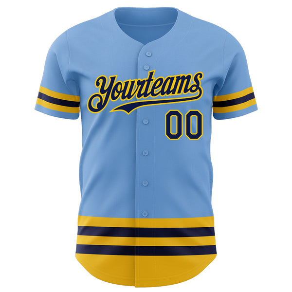 Custom Light Blue Navy-Yellow Line Authentic Baseball Jersey