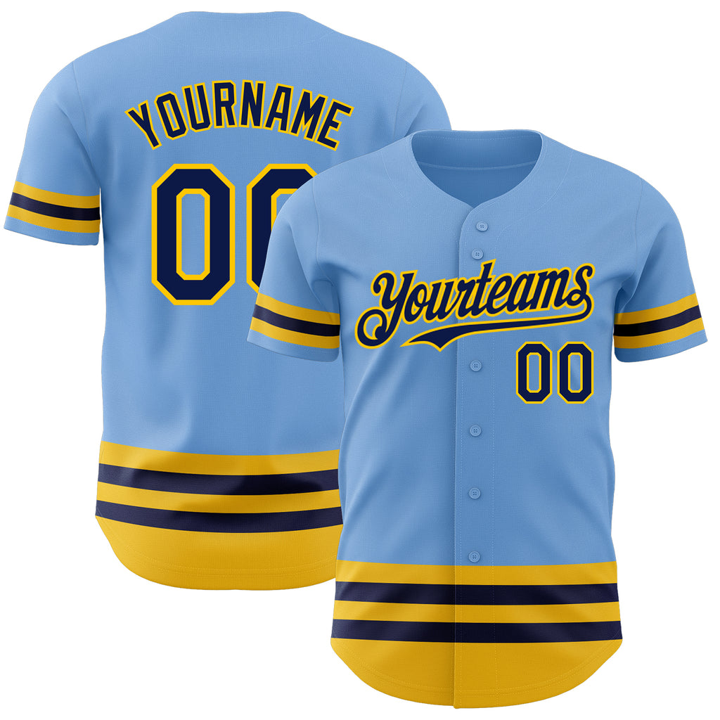 Custom Light Blue Navy-Yellow Line Authentic Baseball Jersey