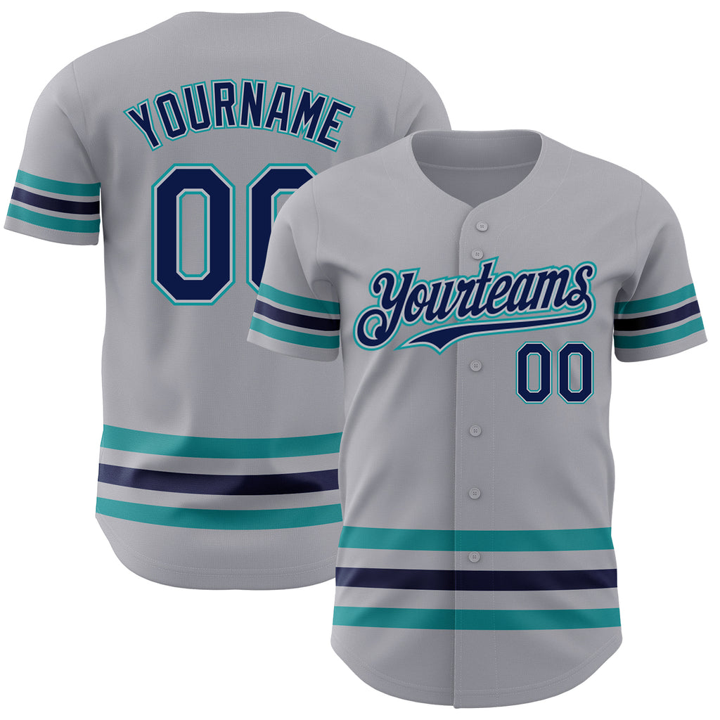 Custom Gray Navy Gray-Teal Line Authentic Baseball Jersey