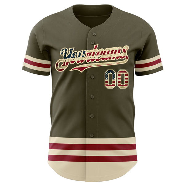 Custom Olive Vintage USA Flag Cream-Maroon Line Authentic Salute To Service Baseball Jersey