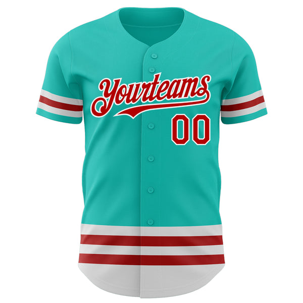 Custom Aqua Red-White Line Authentic Baseball Jersey