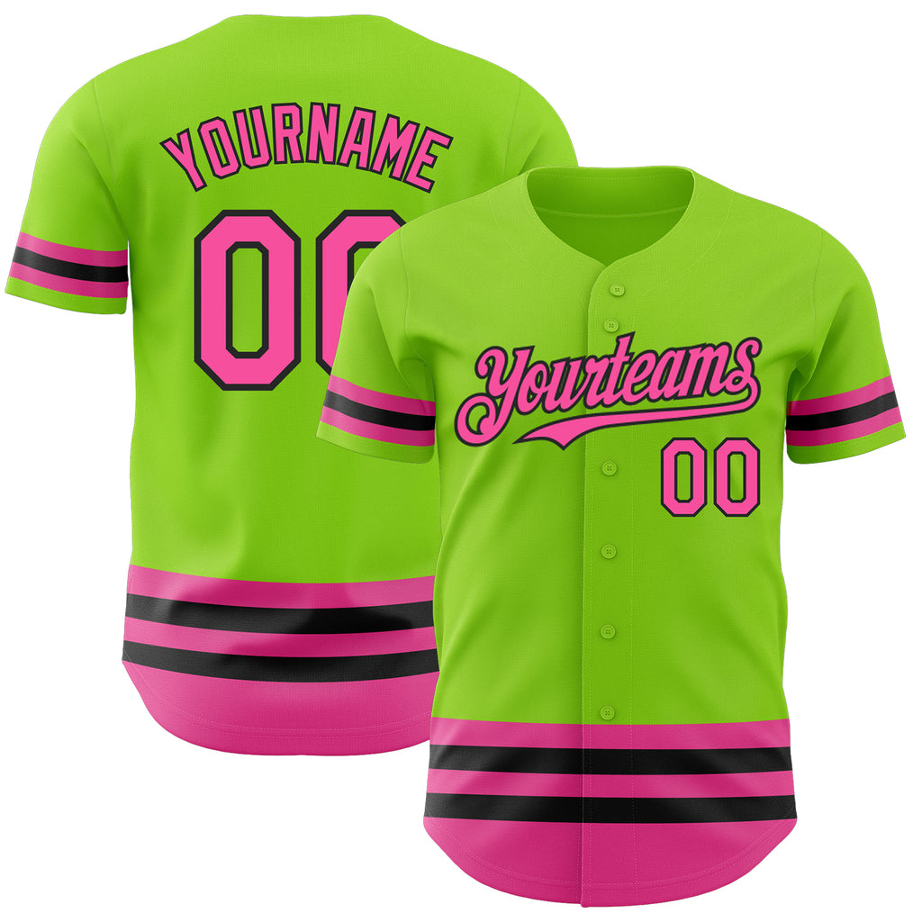 Custom Neon Green Pink-Black Line Authentic Baseball Jersey