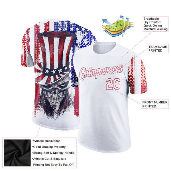 Custom White Red-Royal 3D American Flag Skull Patriotic Performance T-Shirt