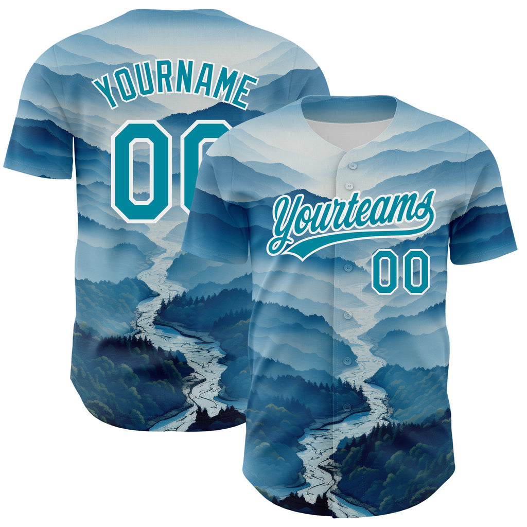 Custom White Teal 3D Pattern Design Mountains Authentic Baseball Jersey