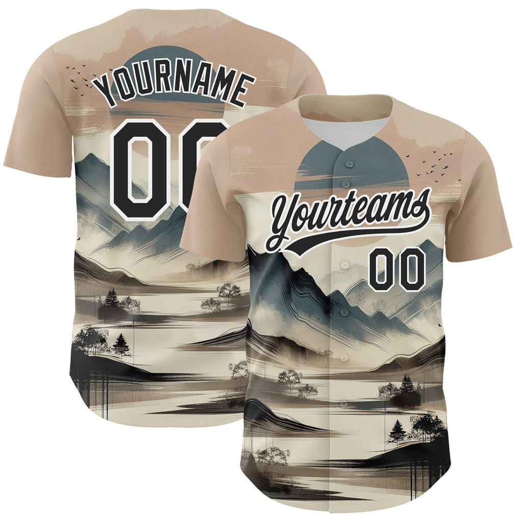 Custom White Black 3D Pattern Design Mountains Landscape Authentic Baseball Jersey