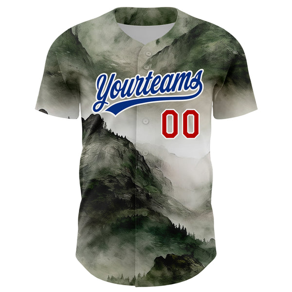 Custom White Red-Royal 3D Pattern Design Mountains Landscape Authentic Baseball Jersey