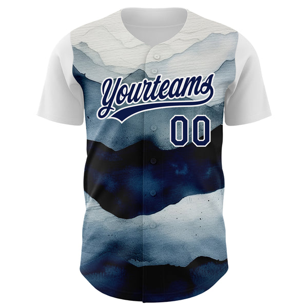 Custom White Navy 3D Pattern Design Watercolor Mountains Authentic Baseball Jersey