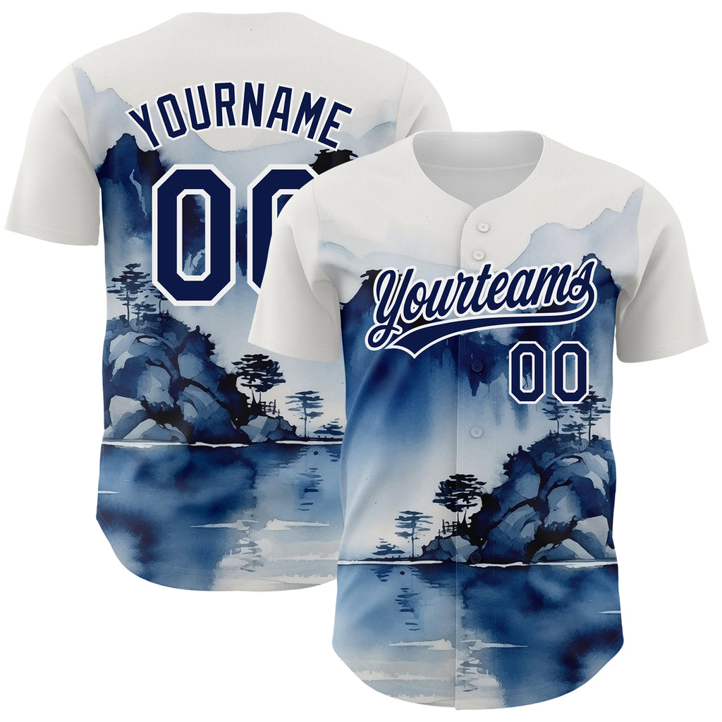 Custom White Navy 3D Pattern Design Abstract Watercolor Mountains Authentic Baseball Jersey