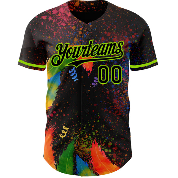 Custom Black Neon Green 3D Pattern Design Holi Festival Color Powder Authentic Baseball Jersey