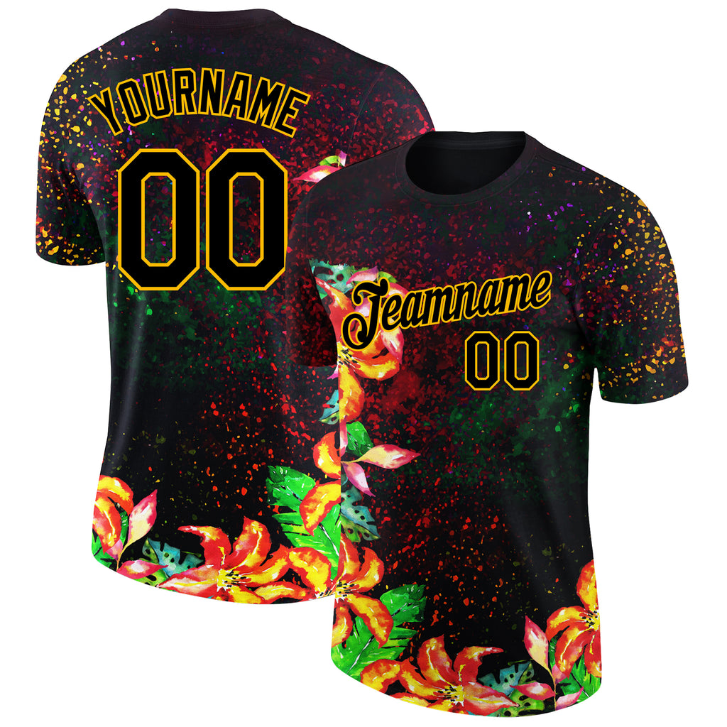 Custom Black Gold 3D Pattern Design Holi Festival Color Powder Performance T-Shirt