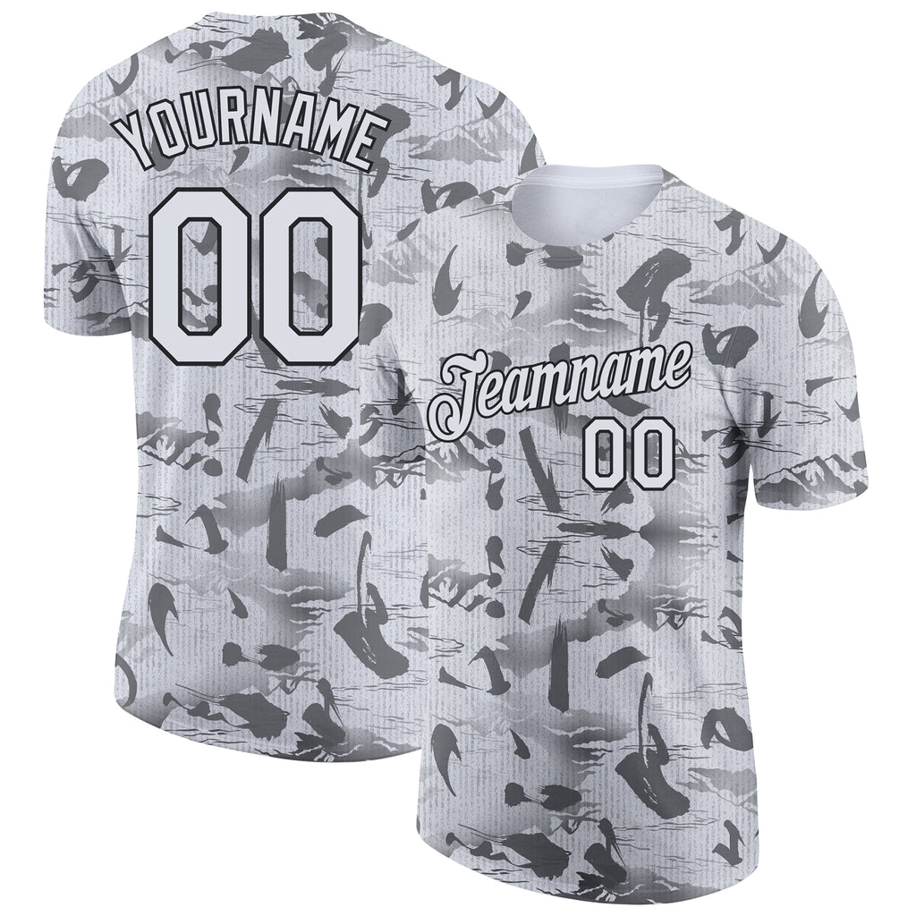 Custom Gray White-Black 3D Pattern Design Chinese Style Words And Mountain Performance T-Shirt