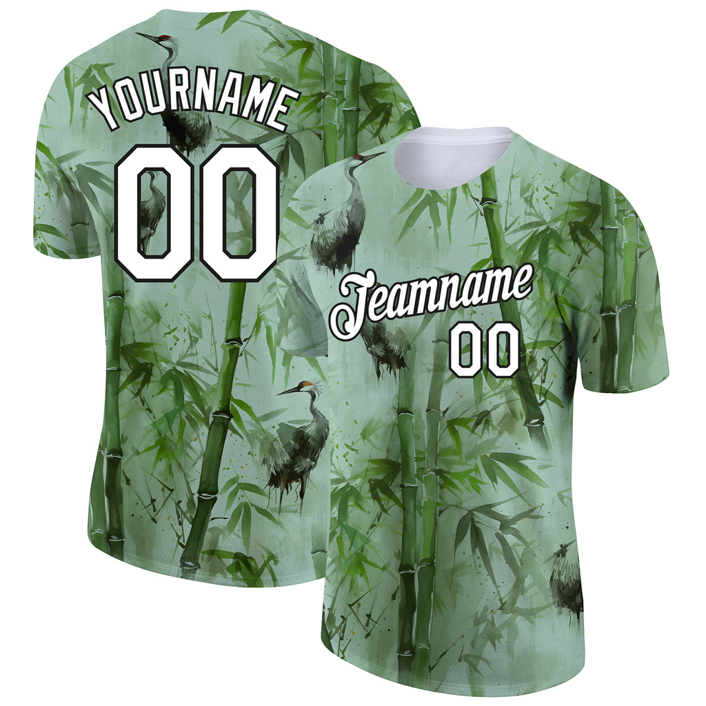 Custom Green White-Black 3D Pattern Design Bamboo And Crane Performance T-Shirt