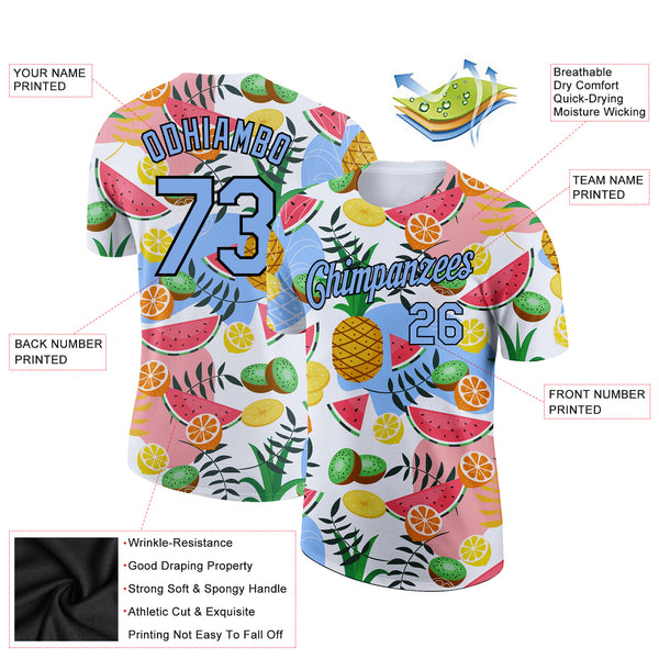 Custom White Light Blue-Black 3D Pattern Design Summer Holiday Fruit Performance T-Shirt