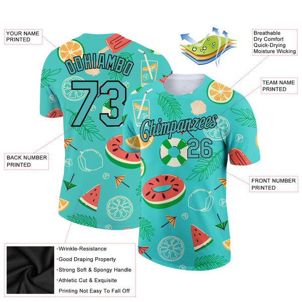 Custom Aqua Black 3D Pattern Design Summer Holiday Fruit Performance T-Shirt