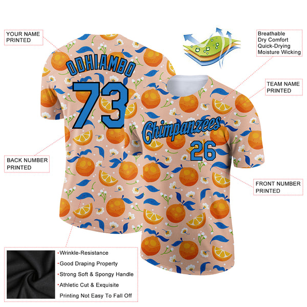Custom Orange Blue-Black 3D Pattern Design Summer Holiday Fruit And Flower Performance T-Shirt