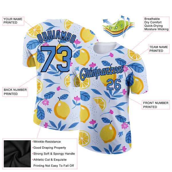 Custom White Blue-Black 3D Pattern Design Summer Holiday Fruit And Flower Performance T-Shirt