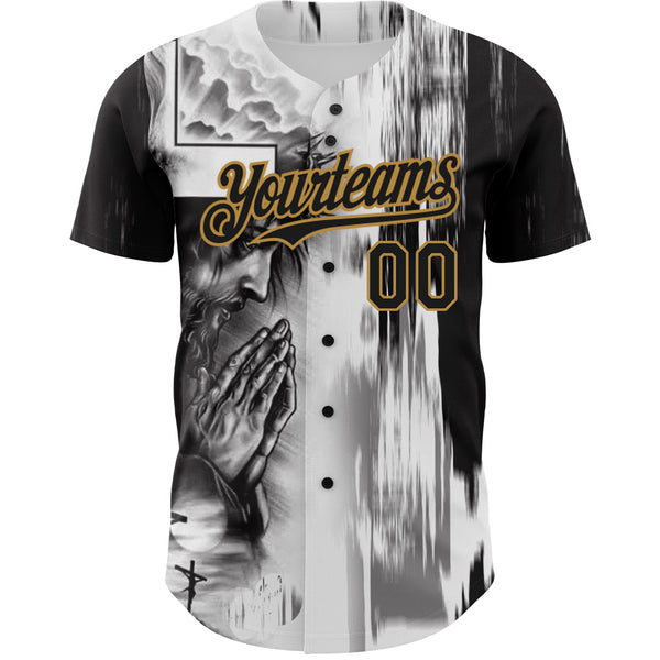 Custom White Black-Old Gold 3D Pattern Design Religion Jesus Christ Authentic Baseball Jersey