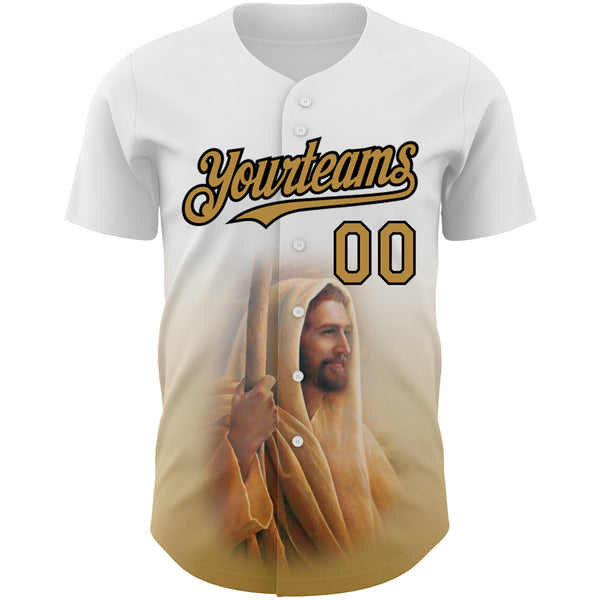 Custom White Old Gold-Black 3D Pattern Design Religion Jesus Christ Authentic Baseball Jersey