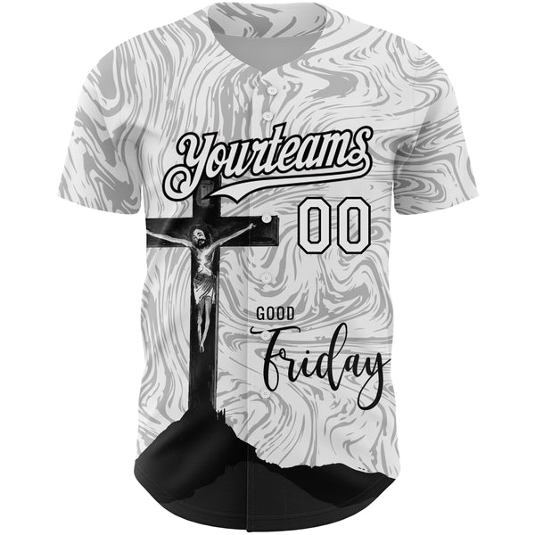 Custom White Black 3D Pattern Design Religion Cross Jesus Christ Good Friday Authentic Baseball Jersey