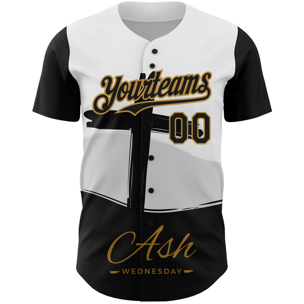 Custom White Black-Old Gold 3D Pattern Design Religion Cross Jesus Christ Ash Wednesday Authentic Baseball Jersey