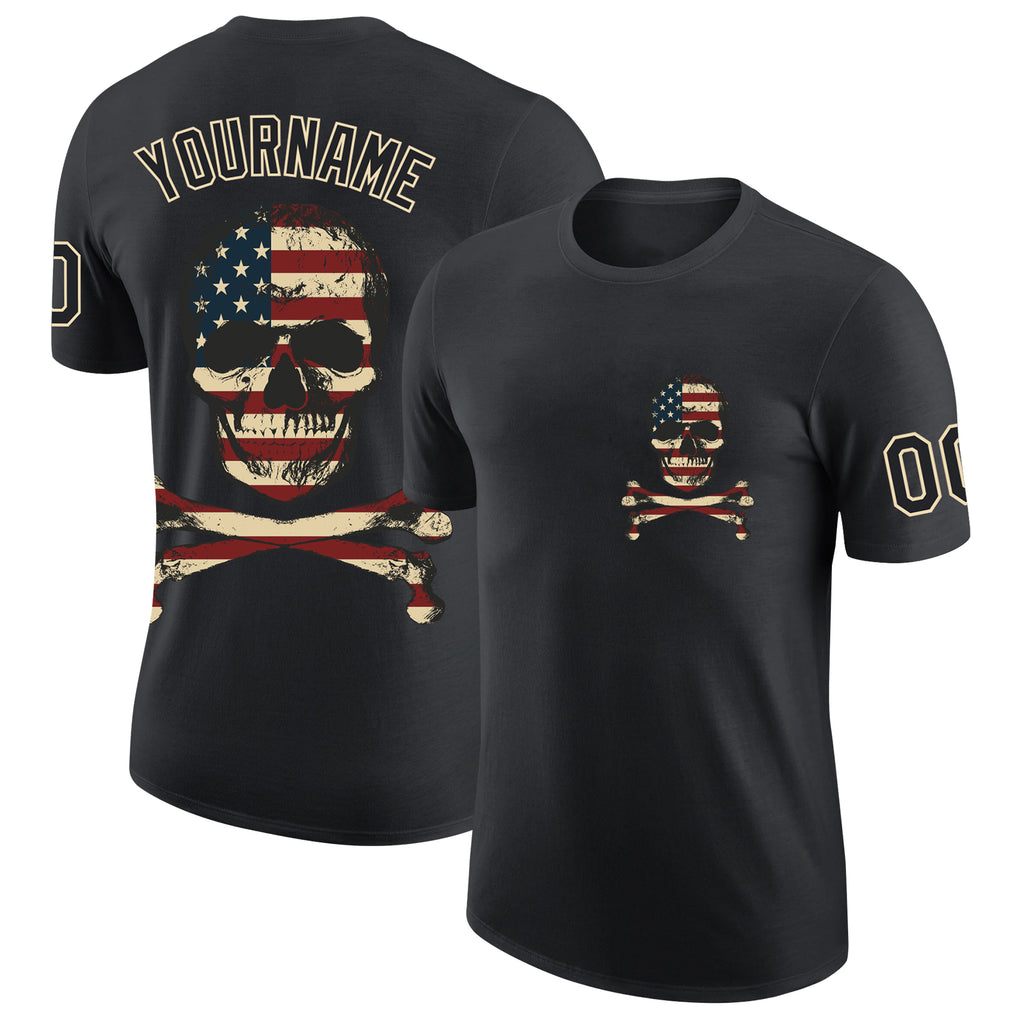 Custom Black City Cream 3D Skull With American Flag Performance T-Shirt