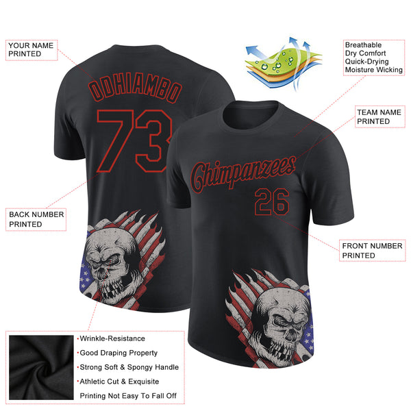 Custom Black Red 3D Skull With American Flag Performance T-Shirt