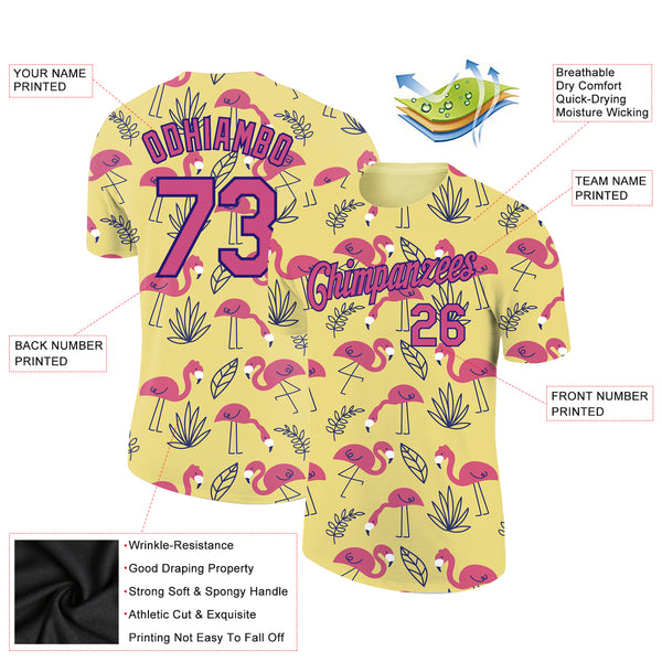 Custom Yellow Pink-Dark Purple 3D Pattern Design Tropical Hawaii Flamingo Performance T-Shirt