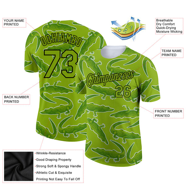 Custom Neon Green Black 3D Pattern Design Crocodile Performance T-Shirt