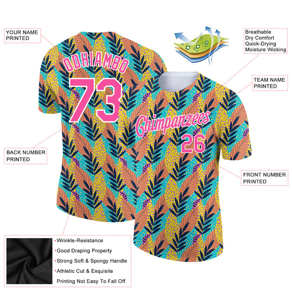 Custom White Pink 3D Pattern Design Tropical Palm Leaf Performance T-Shirt