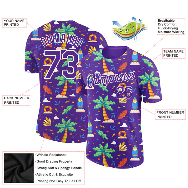 Custom Purple White 3D Pattern Design Hawaii Summer Holiday Performance T-Shirt