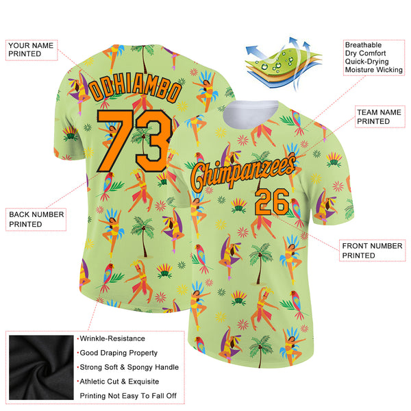 Custom Neon Green Bay Orange-Black 3D Pattern Design Hawaii Summer Holiday Performance T-Shirt