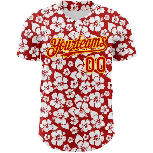 Custom Red Yellow 3D Pattern Design Tropical Hawaii Flower Authentic Baseball Jersey