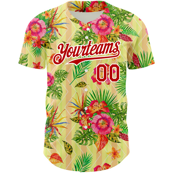 Custom Neon Yellow Red-White 3D Pattern Design Tropical Flower And Hawaii Palm Leaves Authentic Baseball Jersey
