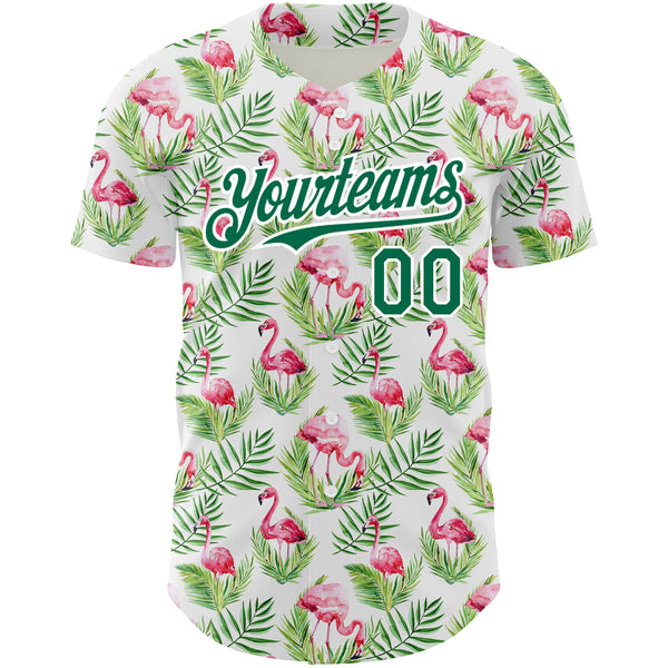 Custom White Kelly Green 3D Pattern Design Tropical Hawaii Palm Leaves And Flamingo Authentic Baseball Jersey