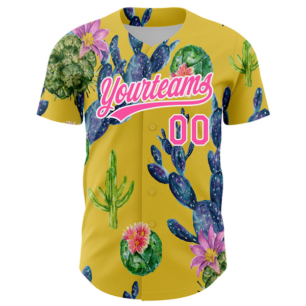 Custom Yellow Pink-White 3D Pattern Design Cactus Festival Authentic Baseball Jersey