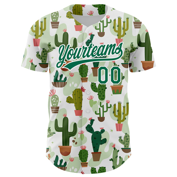 Custom White Kelly Green 3D Pattern Design Cactus Festival Authentic Baseball Jersey
