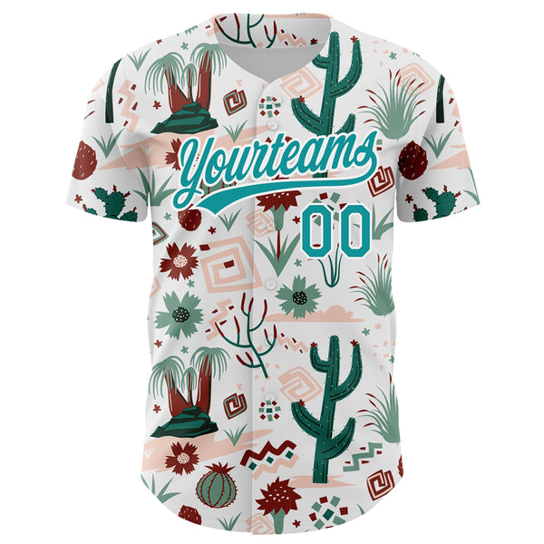 Custom White Teal 3D Pattern Design Cactus Festival Authentic Baseball Jersey