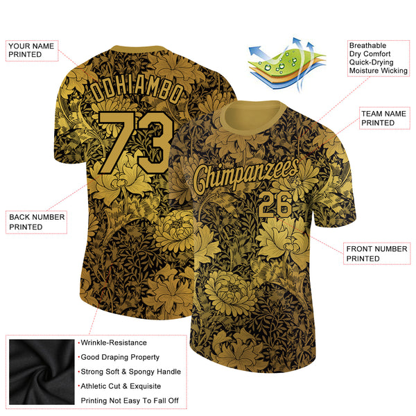 Custom Old Gold Black 3D Pattern Floral Design Performance T-Shirt