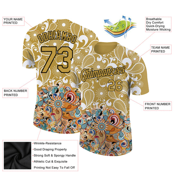 Custom Old Gold Black 3D Pattern Floral Design Performance T-Shirt