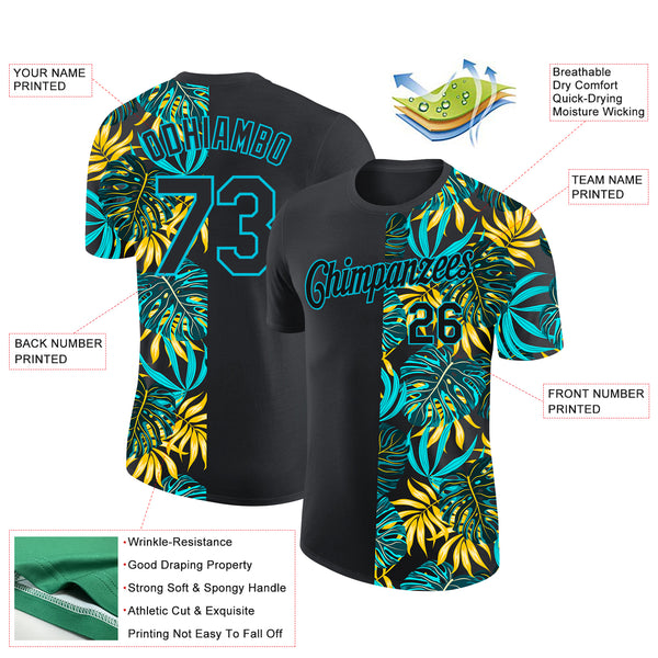 Custom Black Lakes Blue 3D Pattern Design Hawaii Tropical Palm Leaves Performance T-Shirt